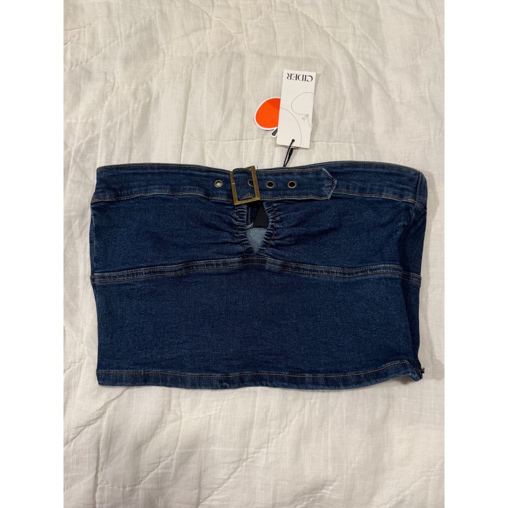Cider Blue Denim Buckle Ruched Cutout Tube Top Strapless Size L NWT